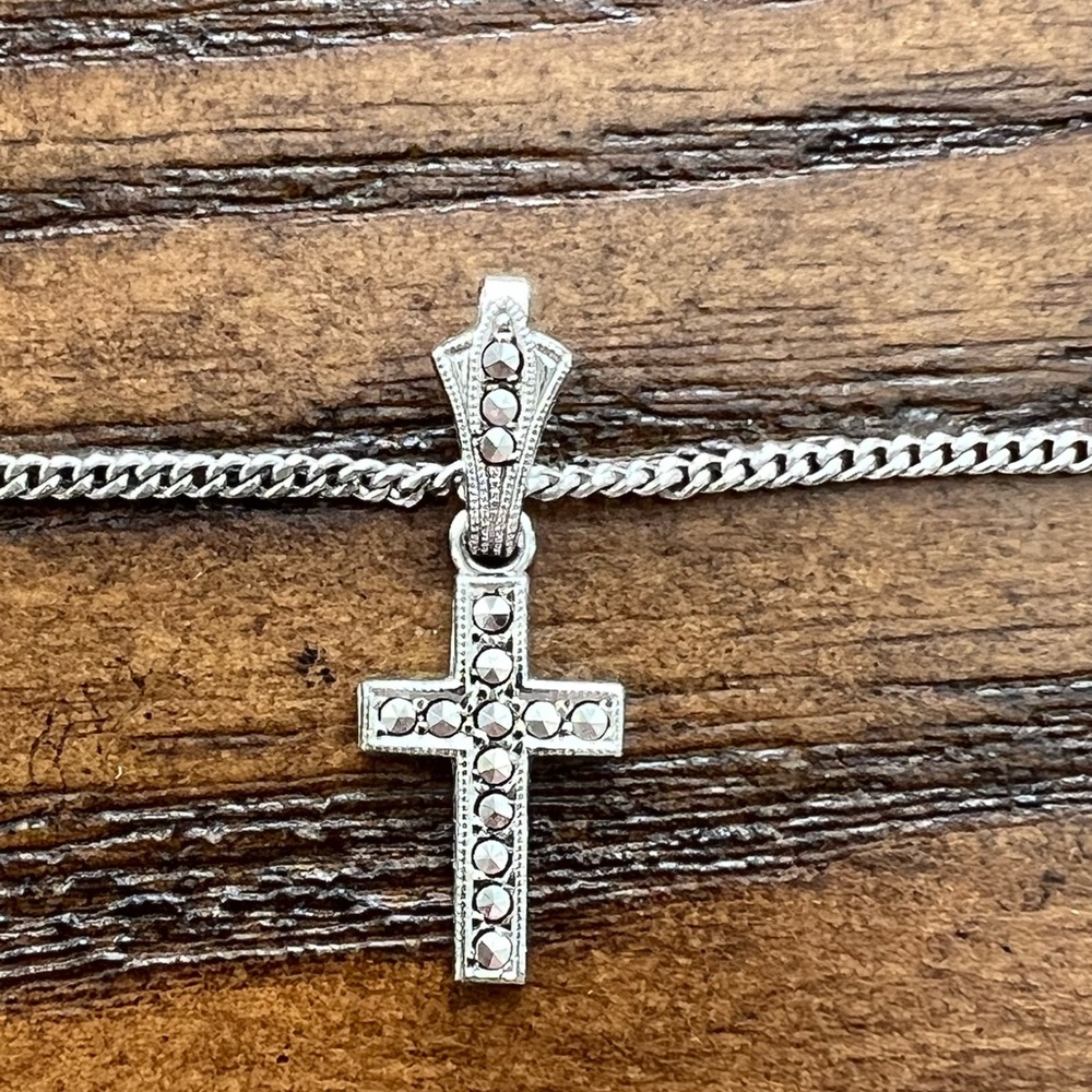 Sterling Silver and Marcasite Dainty Cross Pendant Necklace